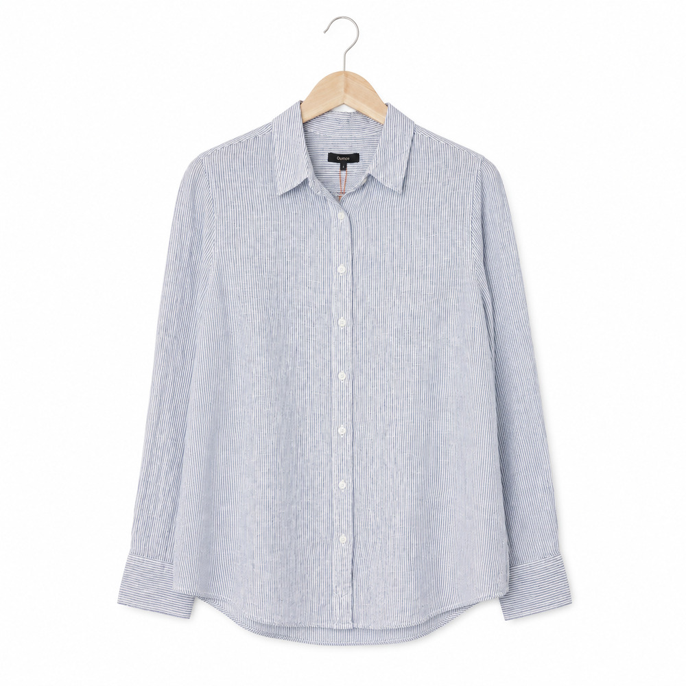 Quince Button Up Shirt Womens Size Large Blue White Pinstripe 100% Linen NWT